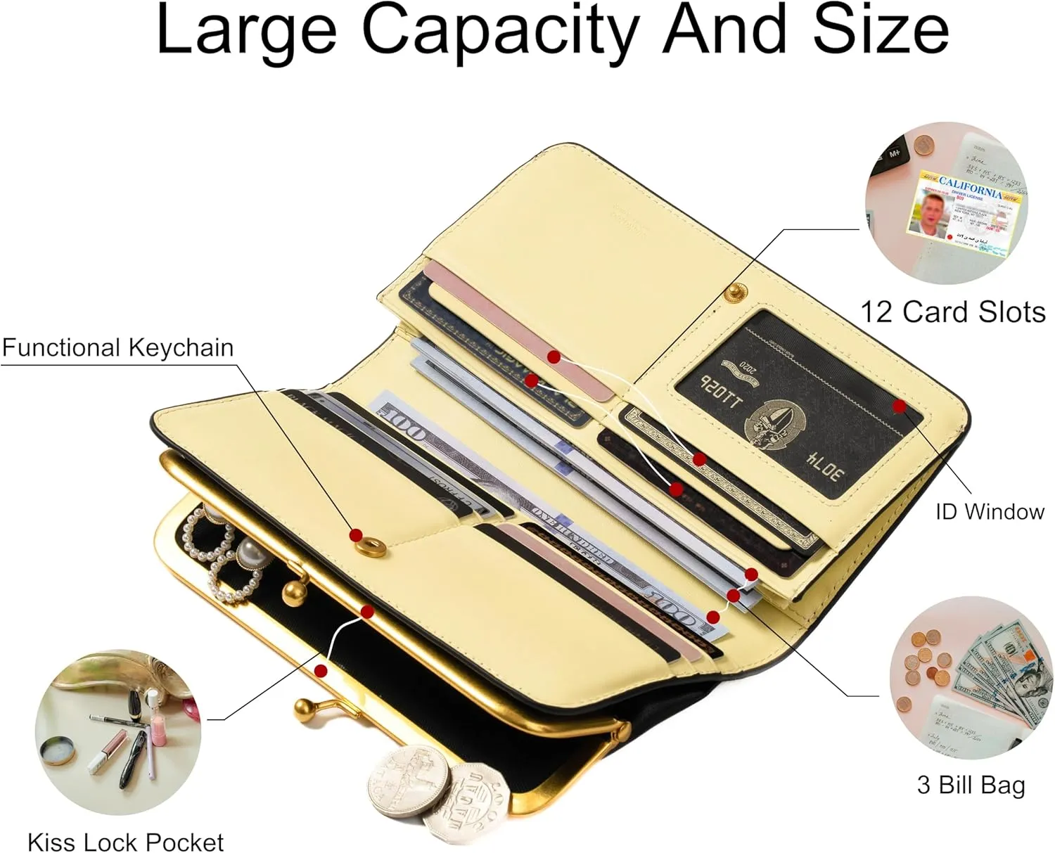 Cockatoo Large Wallet for Women, Nappa Leather Bifold Ladies Purse with Kiss-Lock Coin Pocket and ID Window (Rumba Red)