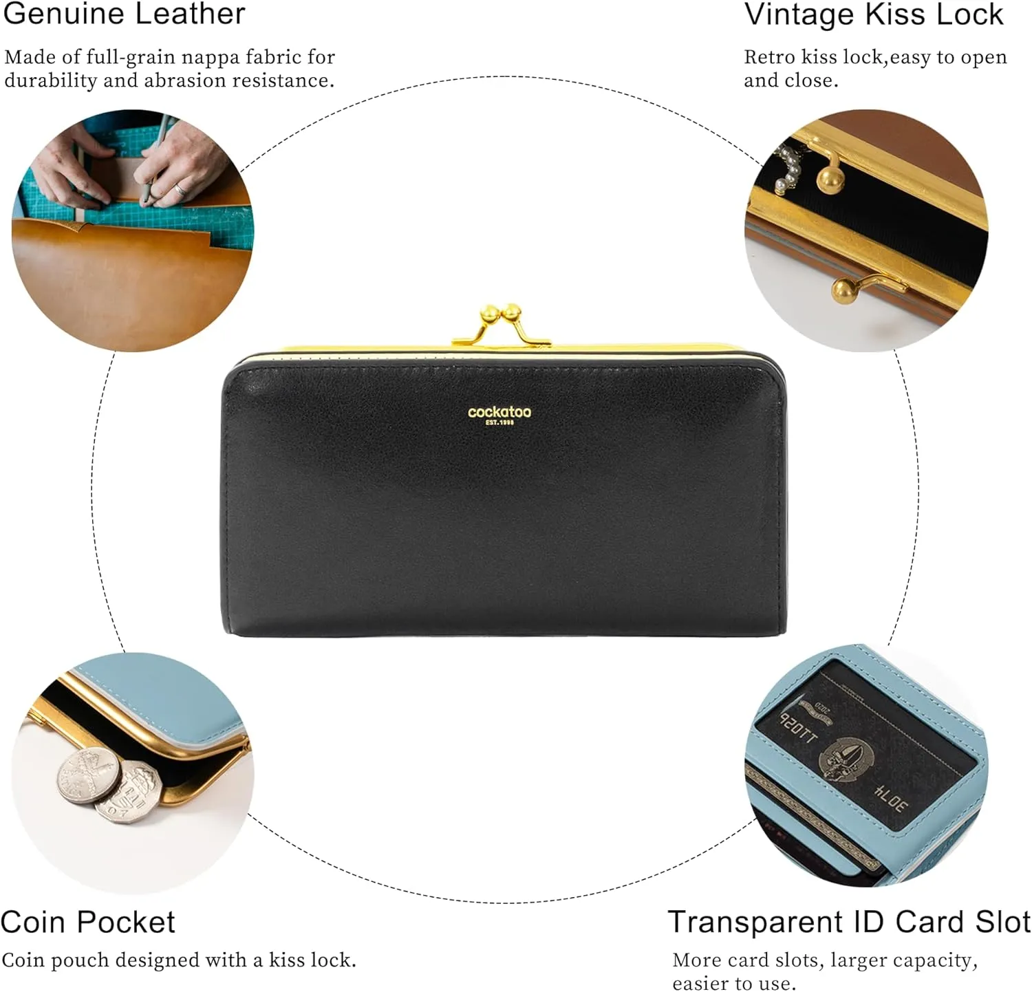 Cockatoo Large Wallet for Women, Nappa Leather Bifold Ladies Purse with Kiss-Lock Coin Pocket and ID Window (Rumba Red)
