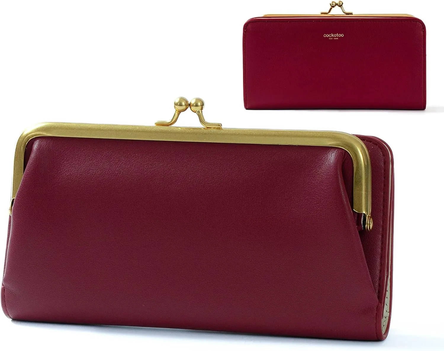 Cockatoo Large Wallet for Women, Nappa Leather Bifold Ladies Purse with Kiss-Lock Coin Pocket and ID Window (Rumba Red)