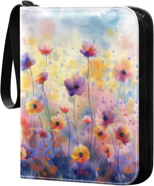 Colorful Abstract Flowers Card Binder 4-Pocket, 400 Pockets Card Holder with 50 Removable Sleeves and Zipper for Games Baseball Football Sports Card