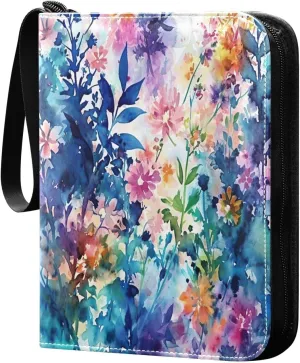 Colorful Abstract Flowers Card Binder 4-Pocket, 400 Pockets Trading Cards Holder Games Card Albums Storage Organizer Case for Football, Baseball Cards