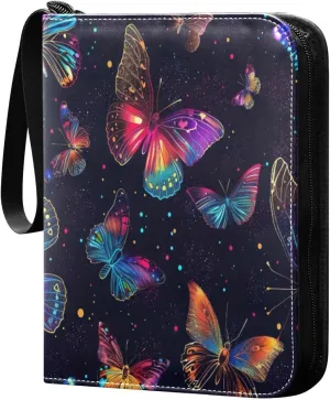 Colorful Butterflies Card Binder 4-Pocket, 400 Pockets Card Holder with 50 Removable Sleeves and Zipper for Games Baseball Football Sports Card