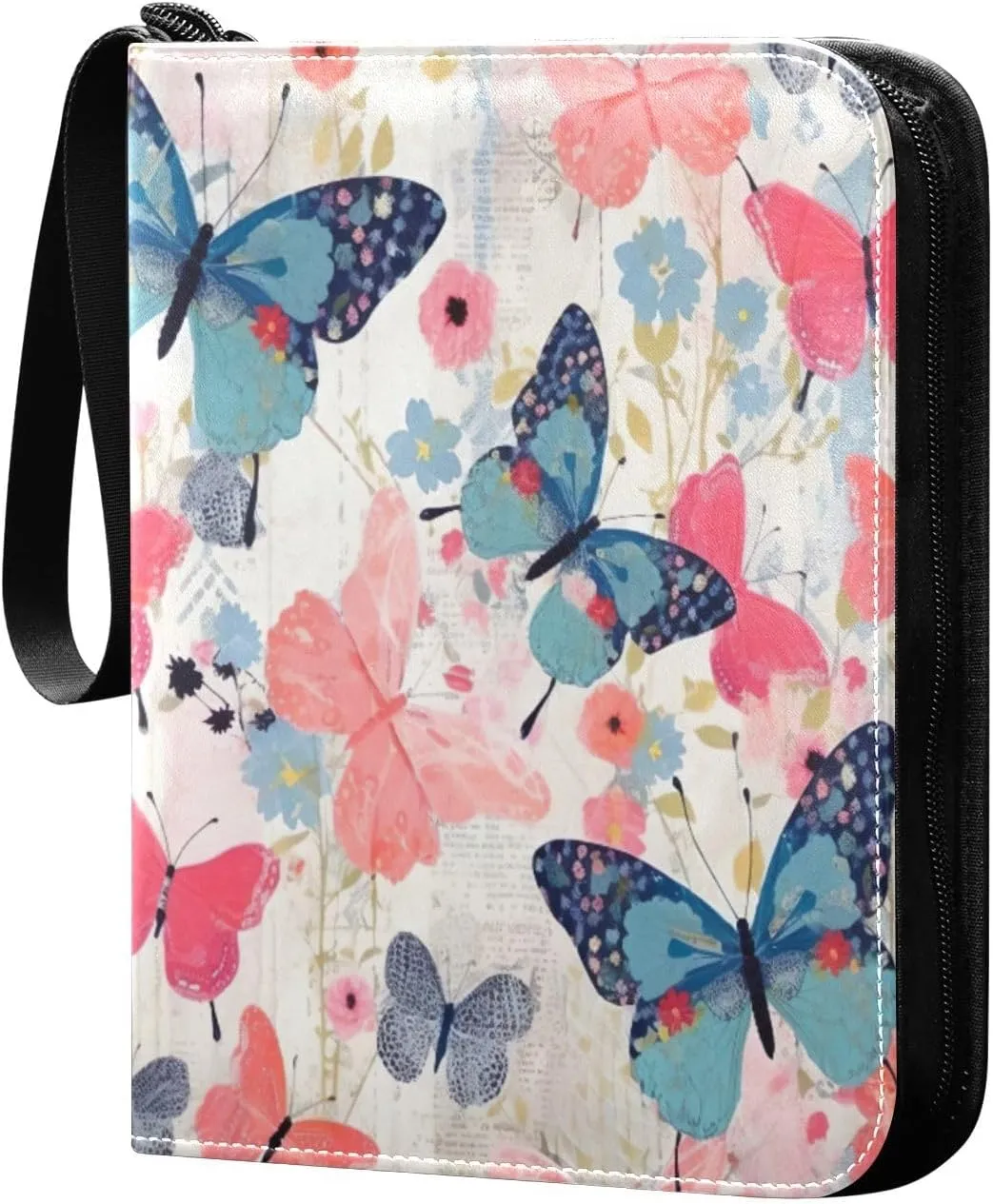 Colorful Butterflies Card Binder 4-Pocket, 400 Pockets Card Holder with 50 Removable Sleeves and Zipper for Games Baseball Football Sports Card