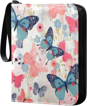 Colorful Butterflies Card Binder 4-Pocket, 400 Pockets Card Holder with 50 Removable Sleeves and Zipper for Games Baseball Football Sports Card