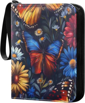 Colorful Butterflies Flowers Card Binder 4-Pocket, 400 Pockets Card Holder with 50 Removable Sleeves and Zipper for Games Baseball Football Sports Card