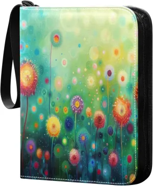 Colorful Dandelion Flowers Card Binder 4-Pocket, 400 Pockets Card Holder with 50 Removable Sleeves and Zipper for Games Baseball Football Sports Card