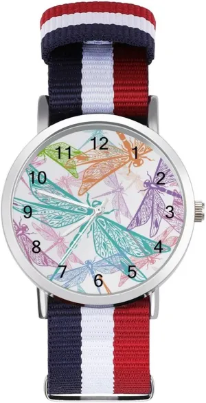 Colorful Dragonfly Unisex Watch Lightweight Breathable Woven Nylon Wrist Strap Watch with Metal Buckle
