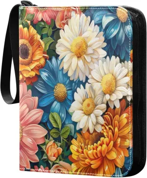 Colorful Flowers Card Binder 4-Pocket, 400 Pockets Trading Cards Holder Games Card Albums Storage Organizer Case for Football, Baseball Cards