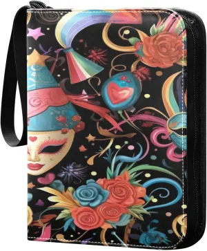 Colorful Mask Party Pattern Card Binder 4-Pocket, 400 Pockets Trading Cards Holder Games Card Albums Storage Organizer Case for Football, Baseball Cards