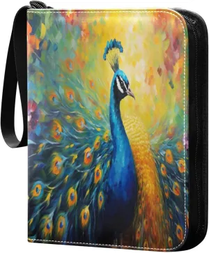 Colorful Peacock Painting Card Binder 4-Pocket, 400 Pockets Trading Cards Holder Games Card Albums Storage Organizer Case for Football, Baseball Cards