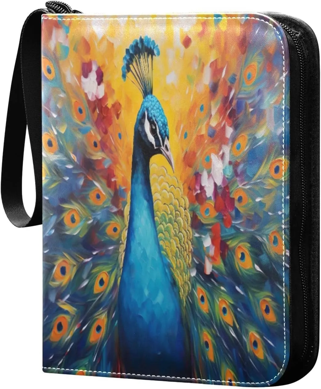 Colorful Peacock Pattern Card Binder 4-Pocket, 400 Pockets Card Holder with 50 Removable Sleeves and Zipper for Games Baseball Football Sports Card