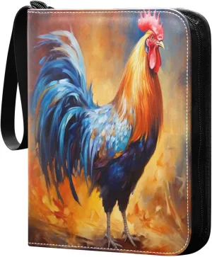 Colorful Rooster Card Binder 4-Pocket, 400 Pockets Card Holder with 50 Removable Sleeves and Zipper for Games Baseball Football Sports Card