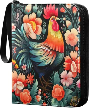 Colorful Rooster Card Binder 4-Pocket, 400 Pockets Card Holder with 50 Removable Sleeves and Zipper for Games Baseball Football Sports Card