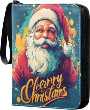 Colorful Santa Claus Card Binder 4-Pocket, 400 Pockets Card Holder with 50 Removable Sleeves and Zipper for Games Baseball Football Sports Card