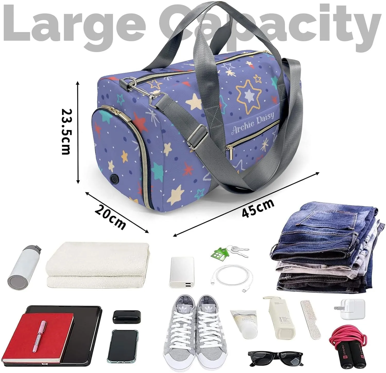 Colorful Stars and Blue Dots Personalized Duffel Bags Customized Multi-Function Travel Bag Gym Sports Bag Dance Ballet Overnight Carry On Weekend Bag