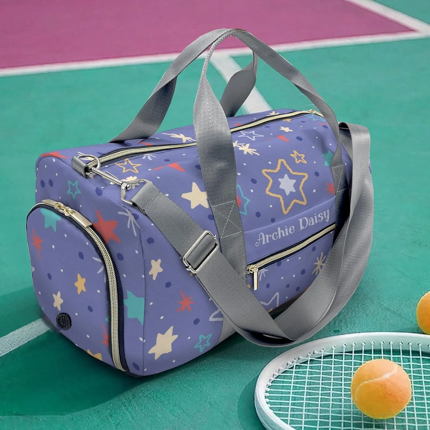 Colorful Stars and Blue Dots Personalized Duffel Bags Customized Multi-Function Travel Bag Gym Sports Bag Dance Ballet Overnight Carry On Weekend Bag