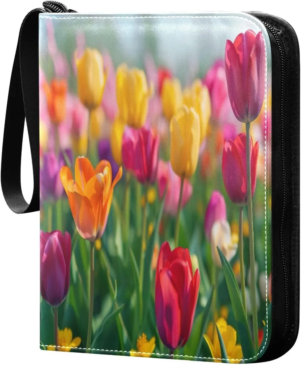 Colorful Tulips Card Binder 4-Pocket, 400 Pockets Trading Cards Holder Games Card Albums Storage Organizer Case for Football, Baseball Cards