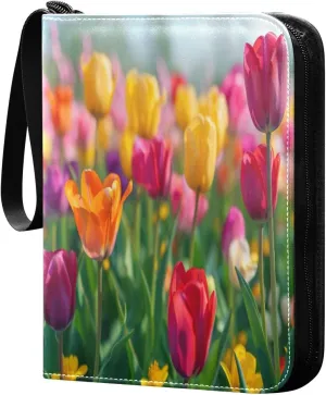 Colorful Tulips Card Binder 4-Pocket, 400 Pockets Trading Cards Holder Games Card Albums Storage Organizer Case for Football, Baseball Cards