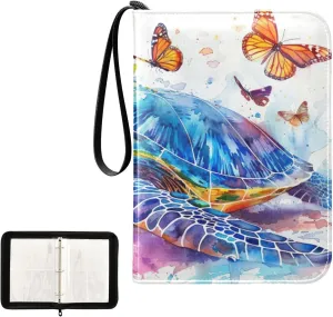 Colorful Watercolor Turtle Collectible Trading Card Albums, Waterproof PU Card Collection Binder Fits 400 Cards with Removable Sleeves for Baseball Card, Football Card