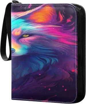Colorful Wolf Design Collectible Trading Card Albums,4-Pocket Card Binder with 50 Removable Sleeves with Zipper Game Card Collection Binder Album Holder