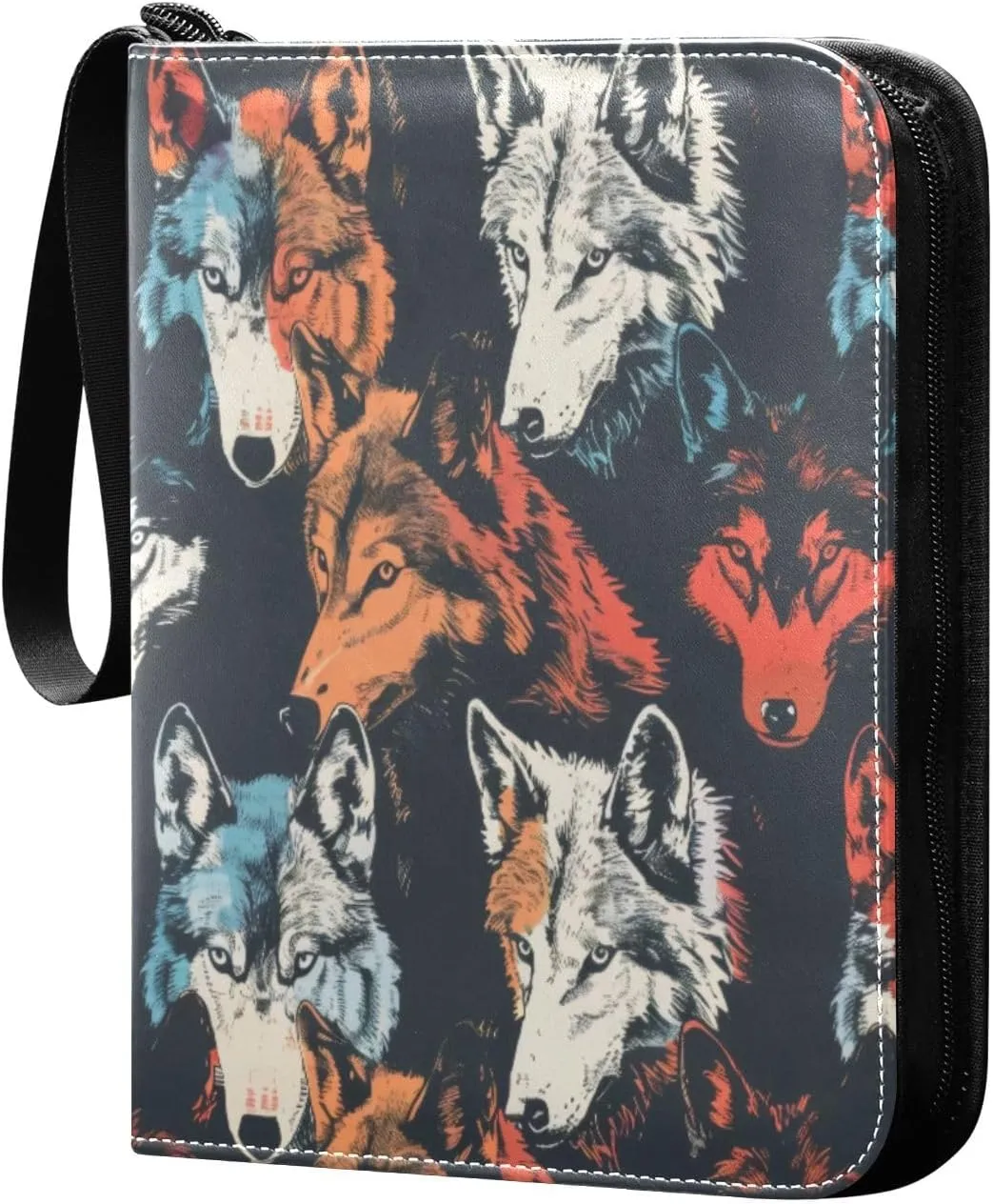 Colorful Wolves Card Binder 4-Pocket, 400 Pockets Card Holder with 50 Removable Sleeves and Zipper for Games Baseball Football Sports Card