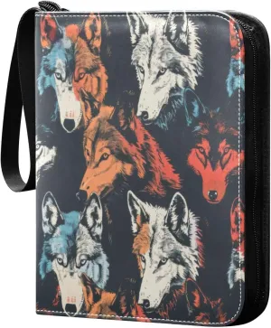 Colorful Wolves Card Binder 4-Pocket, 400 Pockets Card Holder with 50 Removable Sleeves and Zipper for Games Baseball Football Sports Card