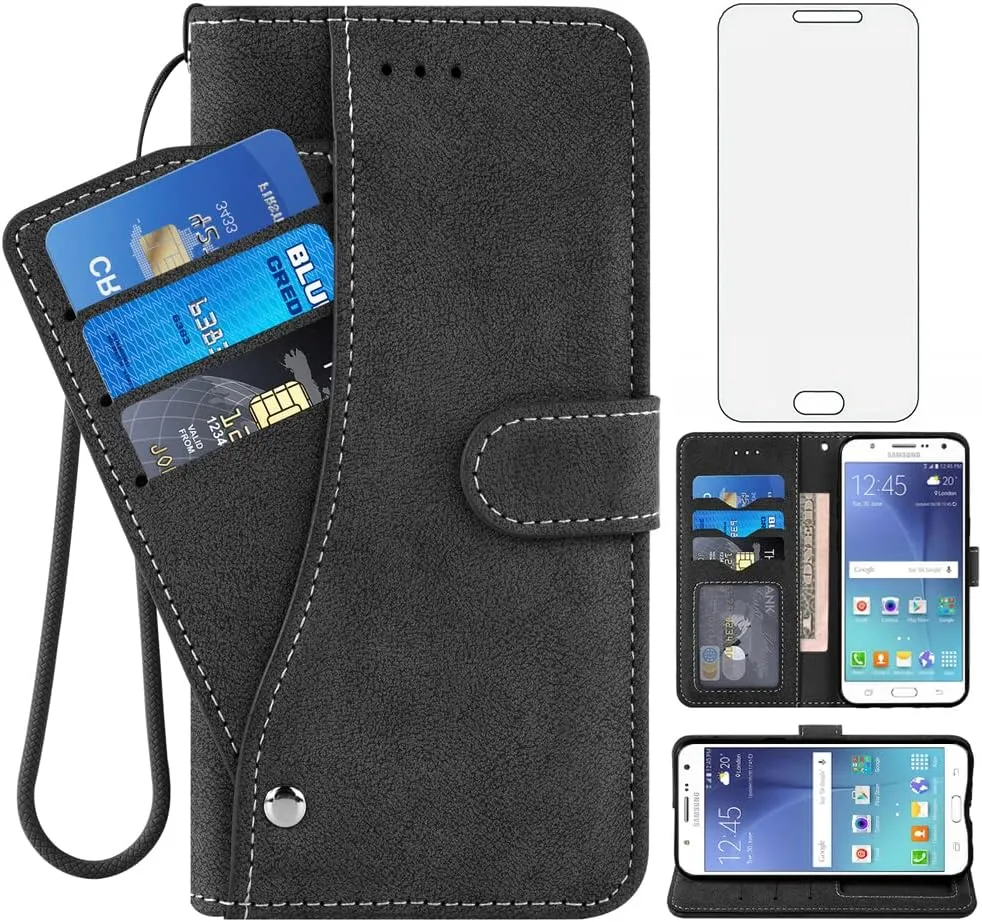 Compatible with Samsung Galaxy J7 2015/J7 Neo/J7 Nxt/J7 Core/7J Duos Wallet Case and Tempered Glass Screen Protector Flip Credit Card Holder Cell Phone Cover for SM J700 J700P J700T J00T1 J700M Black