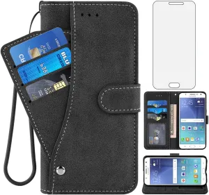 Compatible with Samsung Galaxy J7 2015/J7 Neo/J7 Nxt/J7 Core/7J Duos Wallet Case and Tempered Glass Screen Protector Flip Credit Card Holder Cell Phone Cover for SM J700 J700P J700T J00T1 J700M Black