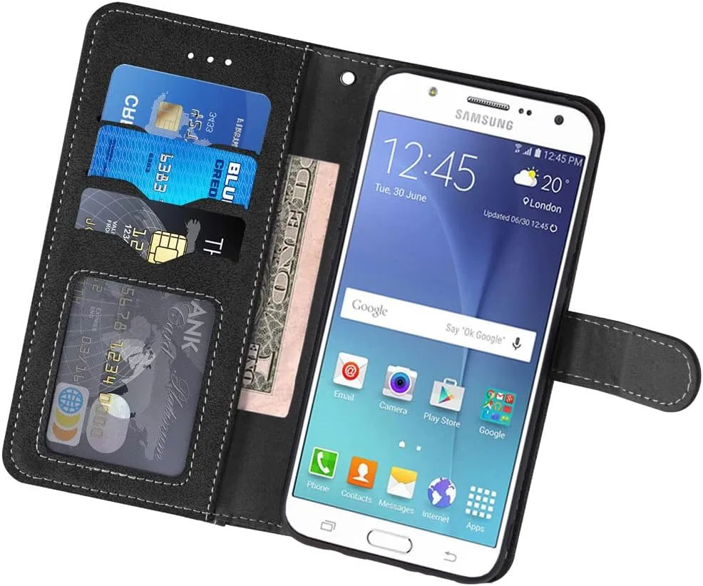 Compatible with Samsung Galaxy J7 2015/J7 Neo/J7 Nxt/J7 Core/7J Duos Wallet Case and Tempered Glass Screen Protector Flip Credit Card Holder Cell Phone Cover for SM J700 J700P J700T J00T1 J700M Black
