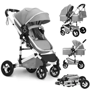 Convertible Baby Stroller, 3 in 1 Folding Infant Stroller, High Landscape Pushchair w/Adjustable Backrest & Canopy, Newborn Bassinet Pram with Foot Cover, Storage Basket, Light Grey
