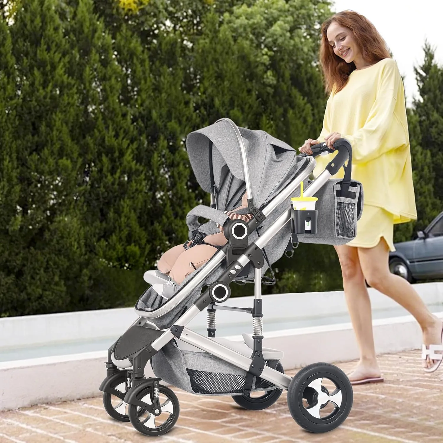 Convertible Baby Stroller, 3 in 1 Folding Infant Stroller, High Landscape Pushchair w/Adjustable Backrest & Canopy, Newborn Bassinet Pram with Foot Cover, Storage Basket, Light Grey