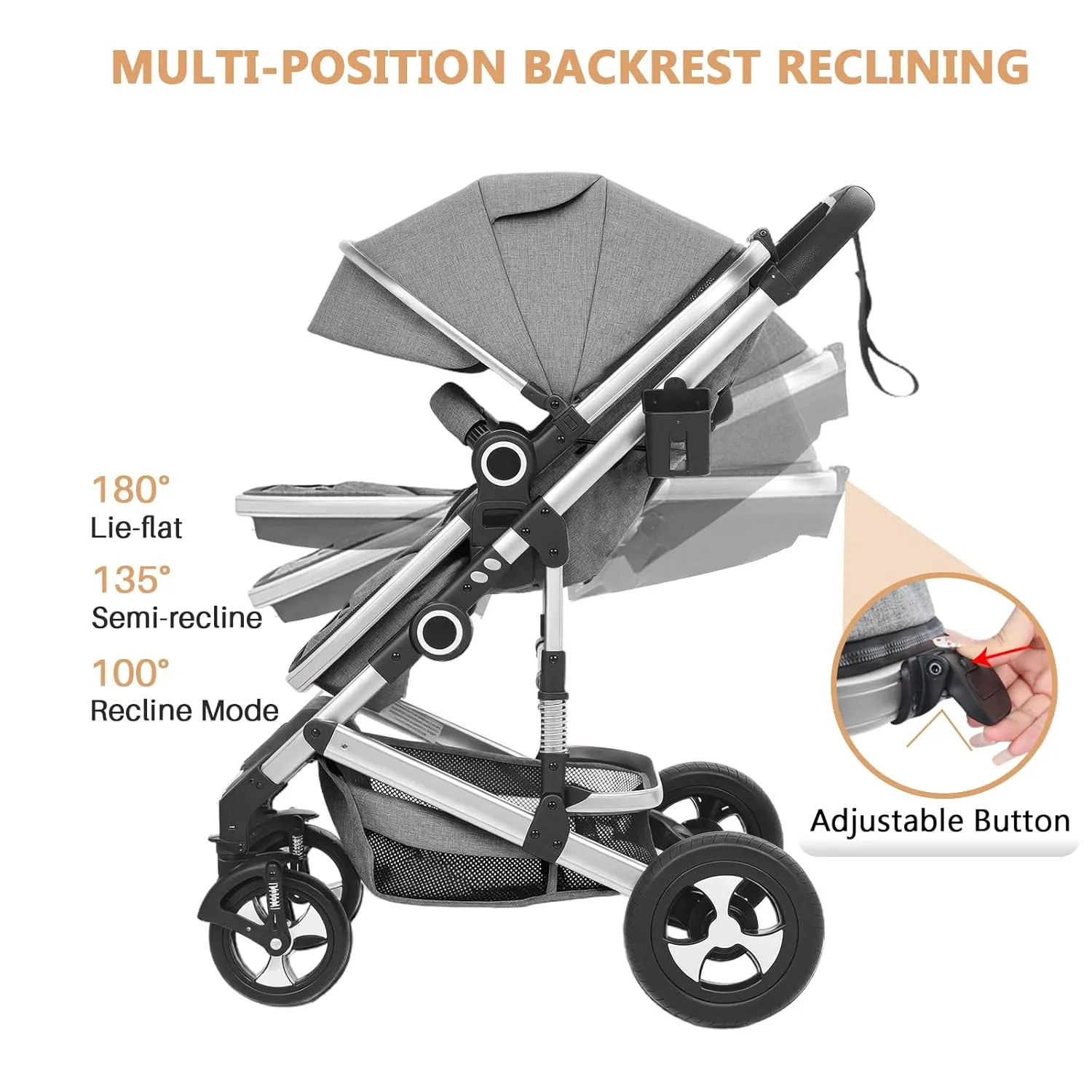 Convertible Baby Stroller, 3 in 1 Folding Infant Stroller, High Landscape Pushchair w/Adjustable Backrest & Canopy, Newborn Bassinet Pram with Foot Cover, Storage Basket, Light Grey