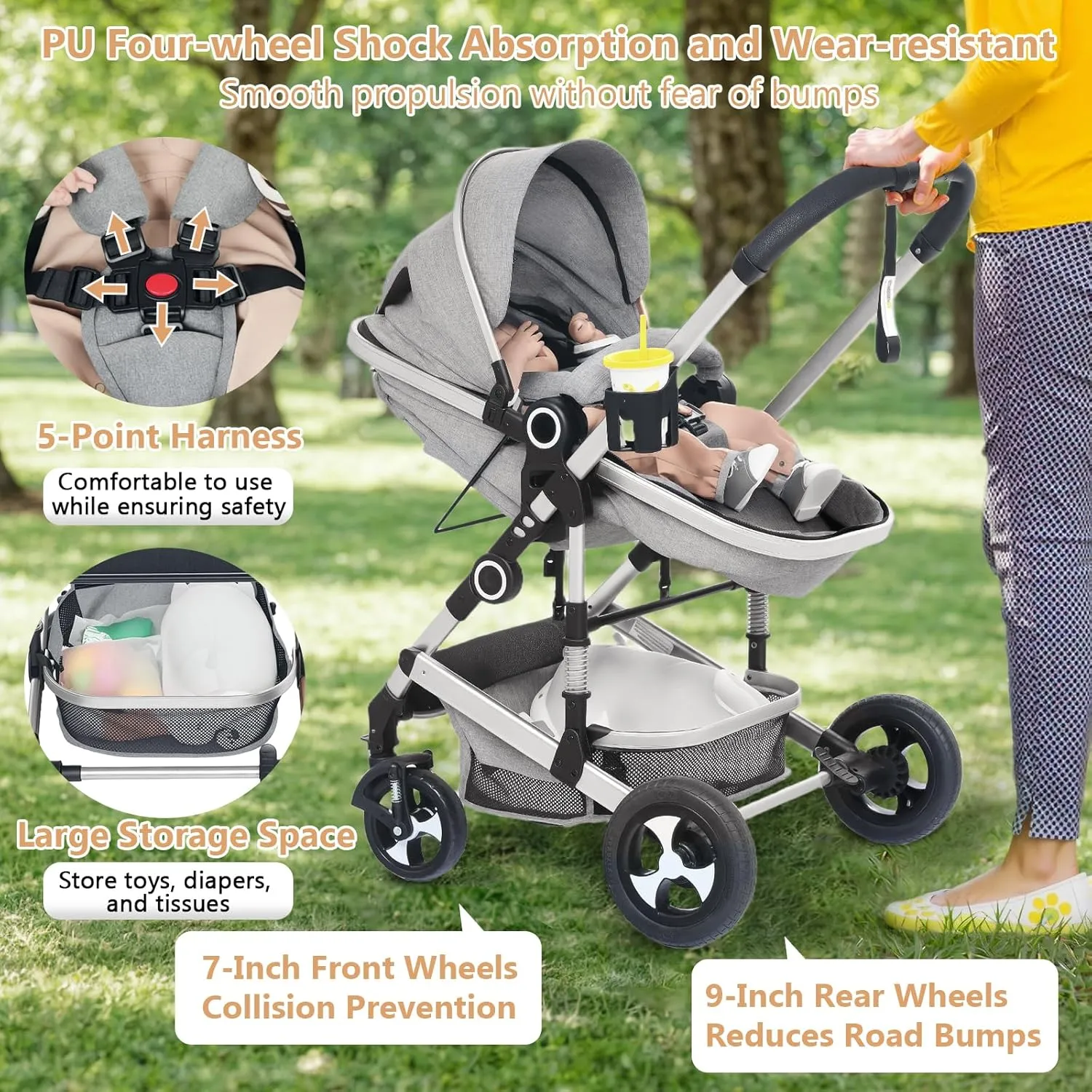 Convertible Baby Stroller, 3 in 1 Folding Infant Stroller, High Landscape Pushchair w/Adjustable Backrest & Canopy, Newborn Bassinet Pram with Foot Cover, Storage Basket, Light Grey