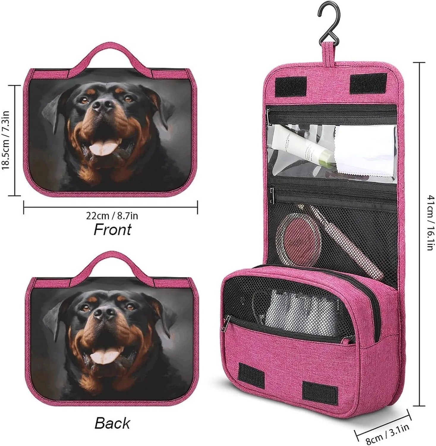 Cool Rottweiler Dog Art Travel Toiletry Bag for Women,Hanging Toiletry Organizer with Hook, Makeup Bag Travel Organizer for Shampoo,Toiletriesl