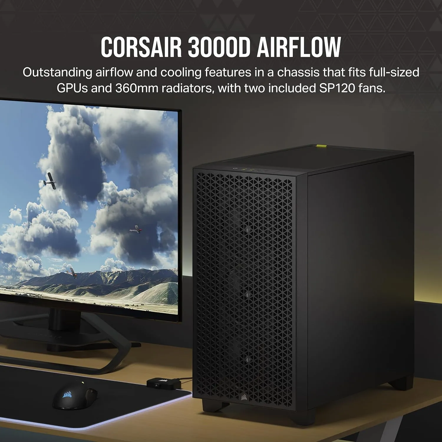Corsair 3000D AIRFLOW Mid-Tower PC Case – 3-Pin Fans – Four-Slot GPU Support – Fits up to 8x 120mm Fans – High-Airflow Design – Black