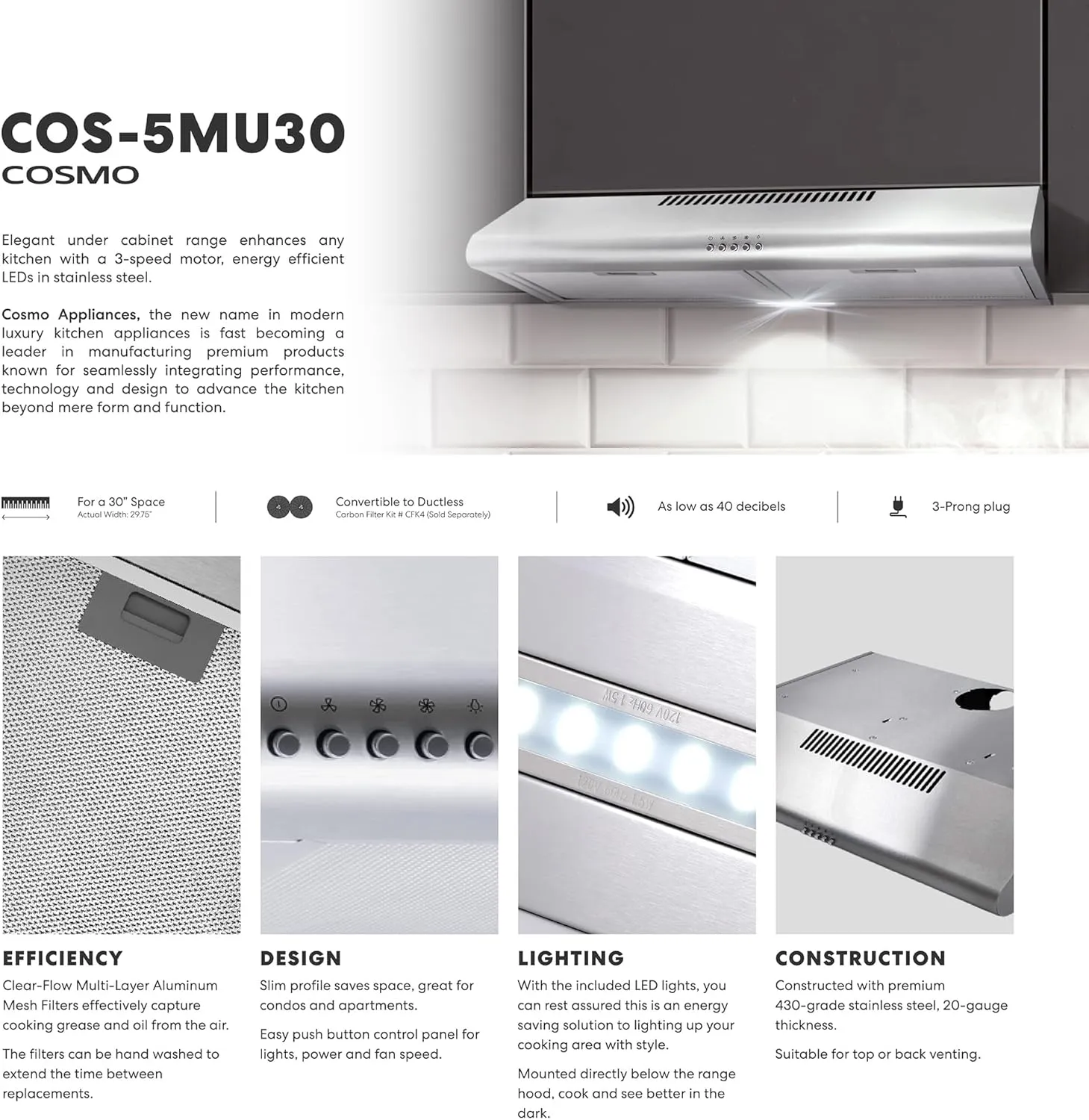 COSMO COS-5MU30 30 in. Delta Collection Ducted Under Cabinet Range Hood, Button Controls, Reusable Filters, LED Lights, Stainless Steel