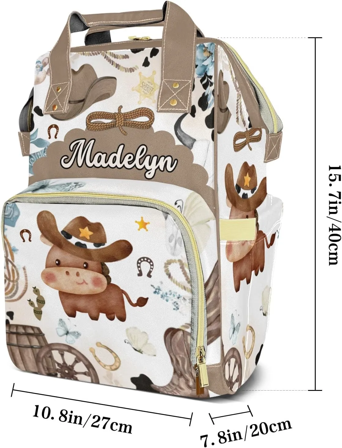 Cow Horse Wild Western Personalized Large Capacity Diaper Bags,Custom Name Backpack Casual Daypack Bag Nappy Bag Gifts