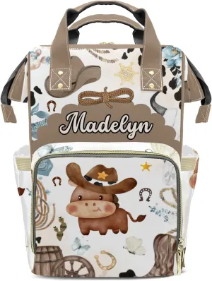 Cow Horse Wild Western Personalized Large Capacity Diaper Bags,Custom Name Backpack Casual Daypack Bag Nappy Bag Gifts