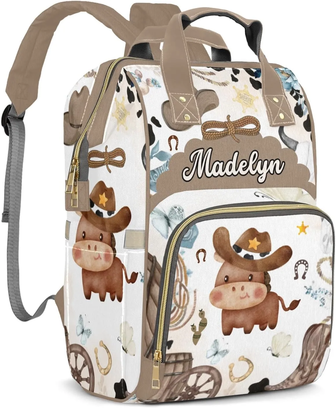 Cow Horse Wild Western Personalized Large Capacity Diaper Bags,Custom Name Backpack Casual Daypack Bag Nappy Bag Gifts
