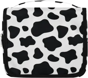 Cow Print Hanging Travel Toiletry Bag for Women Men, Animal Black White Print Makeup Bag Portable Cosmetic Bag Travel Organizer for Accessories