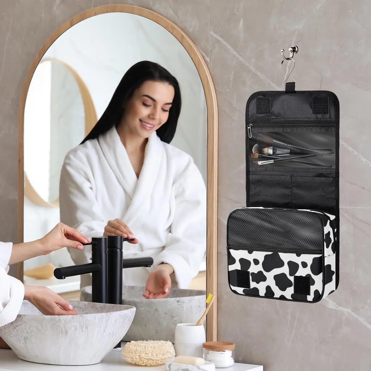 Cow Print Hanging Travel Toiletry Bag for Women Men, Animal Black White Print Makeup Bag Portable Cosmetic Bag Travel Organizer for Accessories