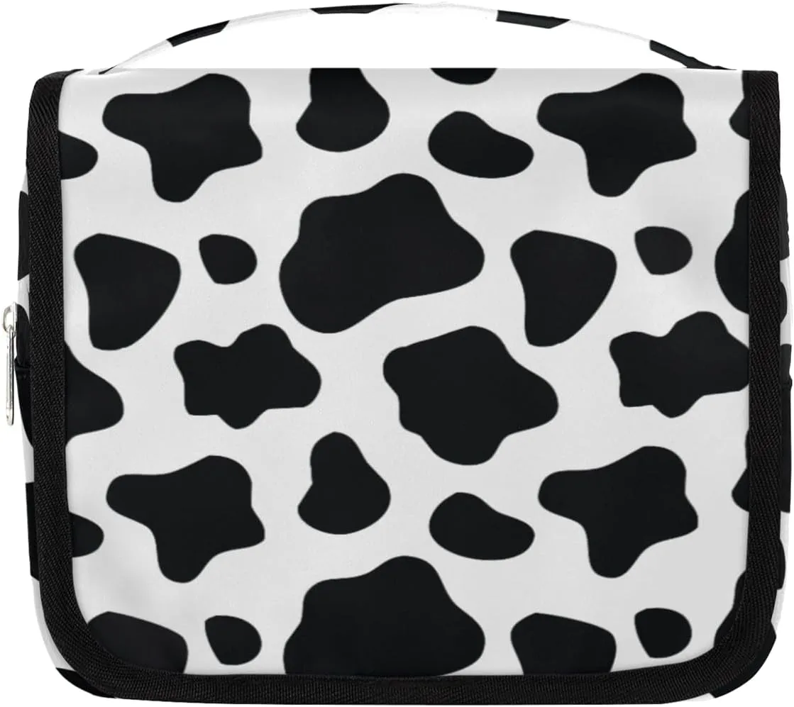 Cow Print Hanging Travel Toiletry Bag for Women Men, Animal Black White Print Makeup Bag Portable Cosmetic Bag Travel Organizer for Accessories