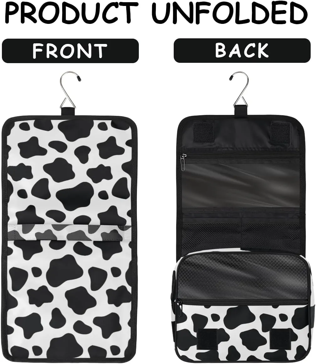 Cow Print Hanging Travel Toiletry Bag for Women Men, Animal Black White Print Makeup Bag Portable Cosmetic Bag Travel Organizer for Accessories