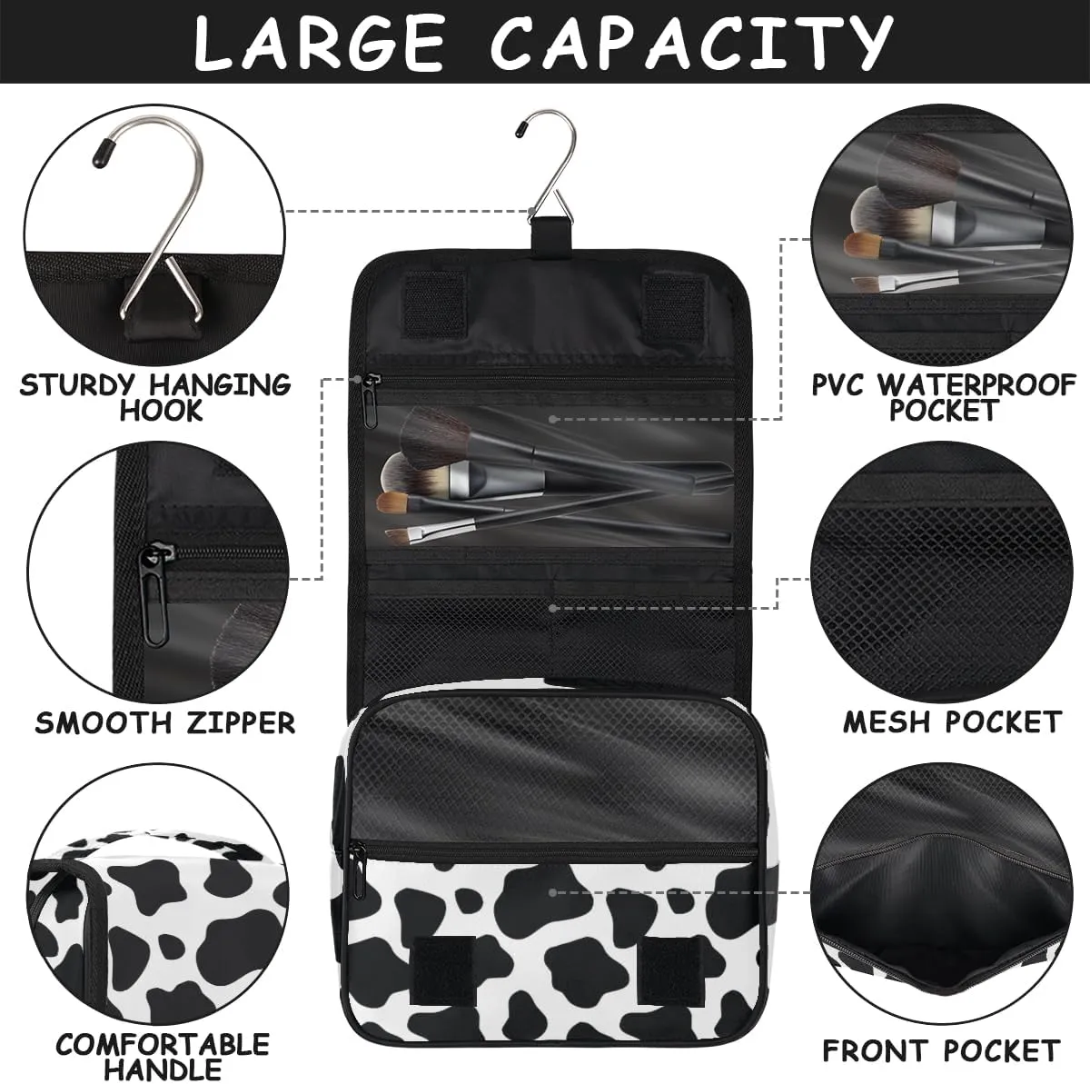 Cow Print Hanging Travel Toiletry Bag for Women Men, Animal Black White Print Makeup Bag Portable Cosmetic Bag Travel Organizer for Accessories