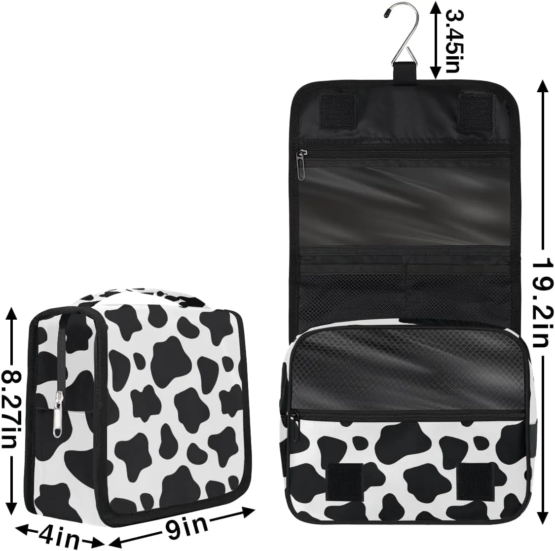 Cow Print Hanging Travel Toiletry Bag for Women Men, Animal Black White Print Makeup Bag Portable Cosmetic Bag Travel Organizer for Accessories