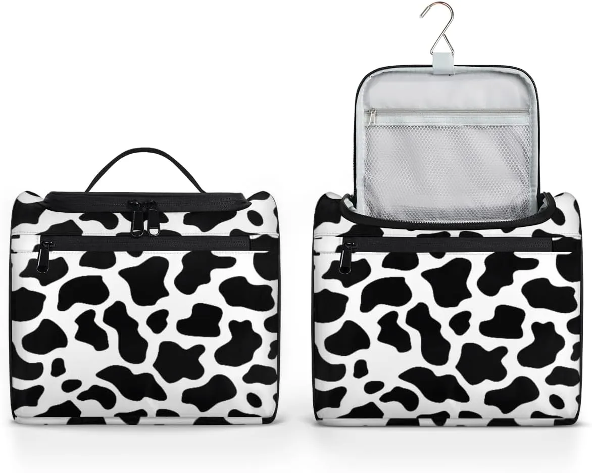 Cow Print Travel Makeup Bag Hanging Toiletry Bag for Women Make up Organizer Portable Cosmetic Bags with Dividers Inside