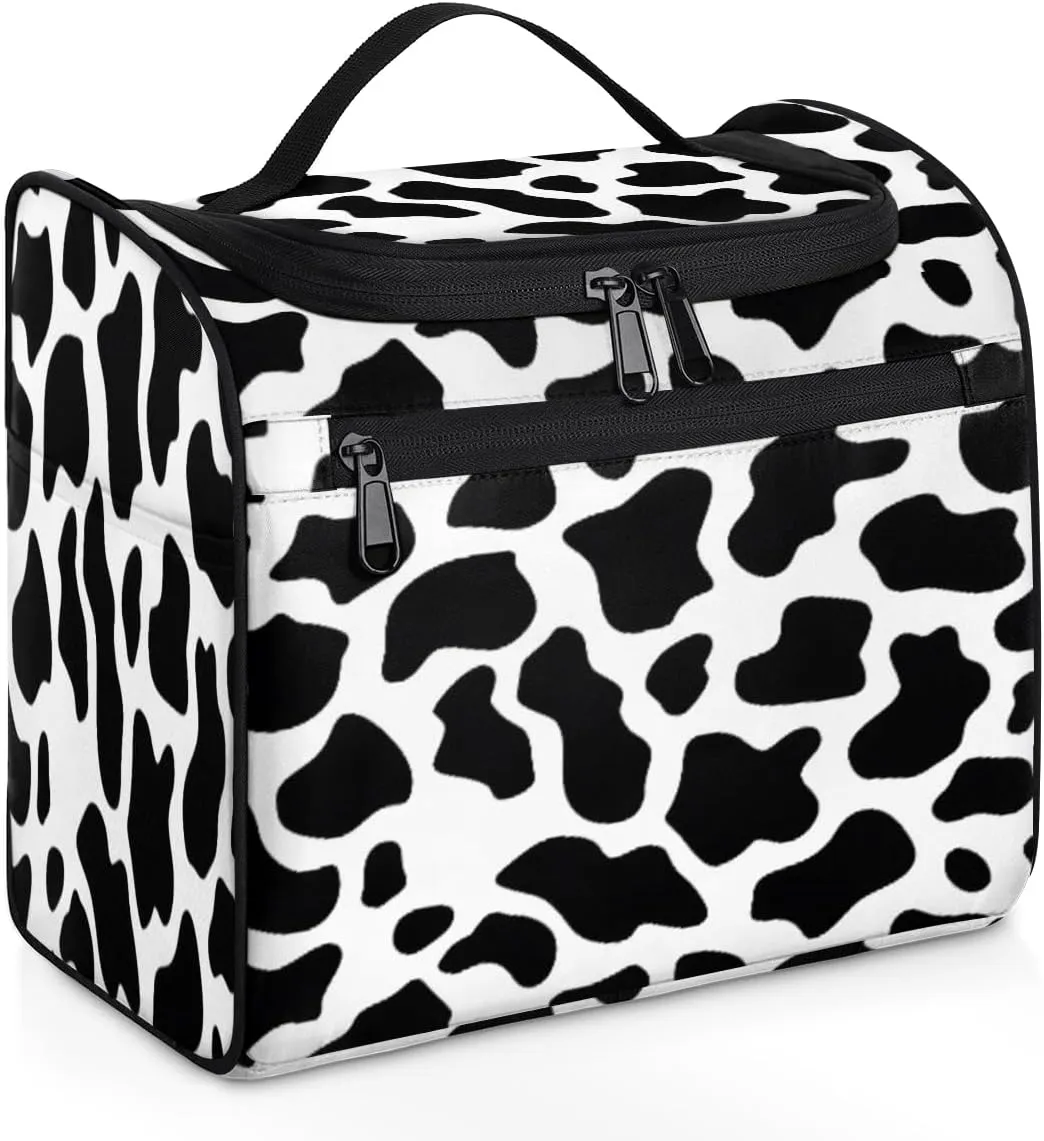 Cow Print Travel Makeup Bag Hanging Toiletry Bag for Women Make up Organizer Portable Cosmetic Bags with Dividers Inside