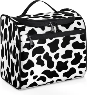 Cow Print Travel Makeup Bag Hanging Toiletry Bag for Women Make up Organizer Portable Cosmetic Bags with Dividers Inside