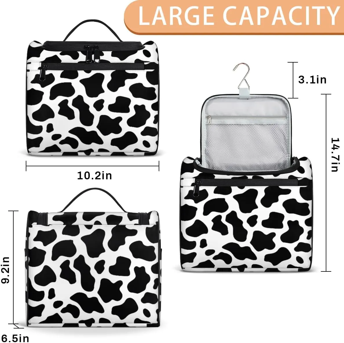 Cow Print Travel Makeup Bag Hanging Toiletry Bag for Women Make up Organizer Portable Cosmetic Bags with Dividers Inside