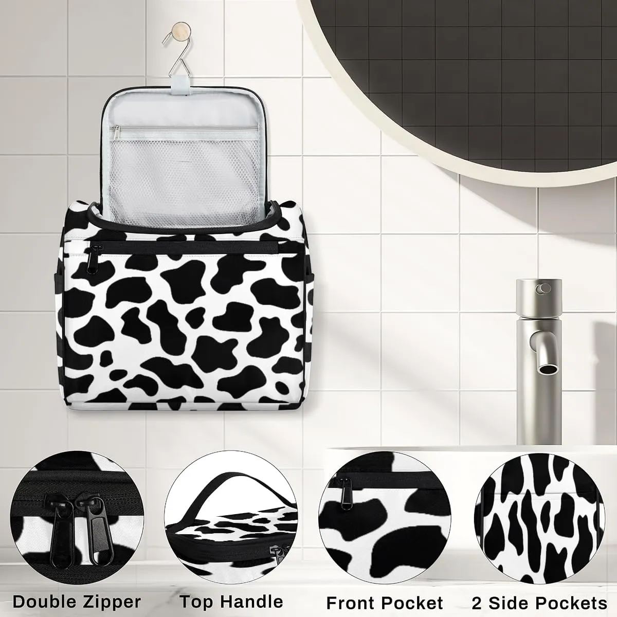 Cow Print Travel Makeup Bag Hanging Toiletry Bag for Women Make up Organizer Portable Cosmetic Bags with Dividers Inside